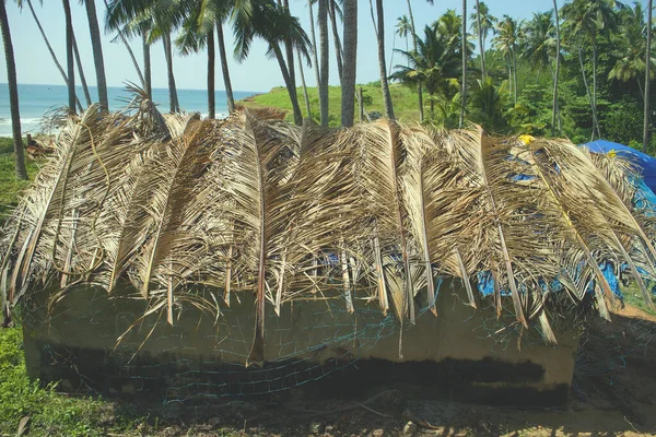 Eski ve yeni mimarinin karışımı. Plastik, palmiye yaprakları ve balık ağıyla kaplı deniz kenarındaki Hint kulübesi..