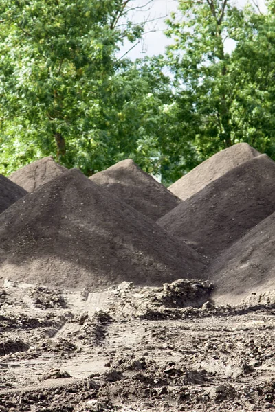 Heaps Sand Brought Truck Construction Roads Preparing Sand Bags Asphalt — Stock Photo, Image