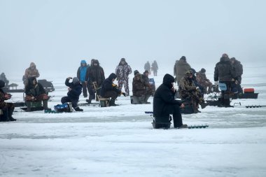 Rusya, Volkhov-24 Şubat 2019: Kışın buzda aktif dinlenme. Balıkçılar Ladoga Gölü 'nde büyük bir balık oltası tutuyorlar.