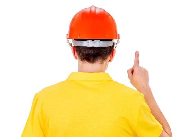 Man Rear View Hard Hat Finger White Background — Stock Photo, Image