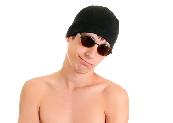 Jonge Man Zonnebril Geïsoleerd Witte Achtergrond — Stockfoto