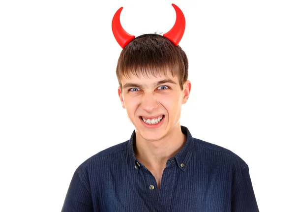 Şeytan Boynuzlarını Üzerinde Beyaz Izole Baş Ile Genç Adam — Stok fotoğraf