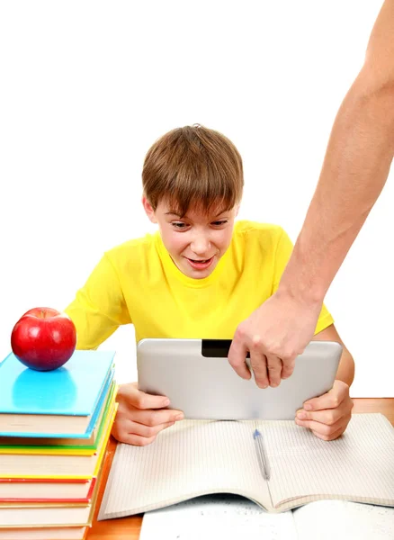 Parent Dragging Tablet Computer Son White Background — Stock Photo, Image