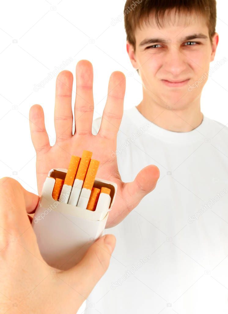 Young Man refuse Cigarettes Isolated on the White Background