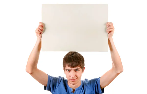 Annoyed Young Man Blank Board Isolated White Background — Stock Photo, Image