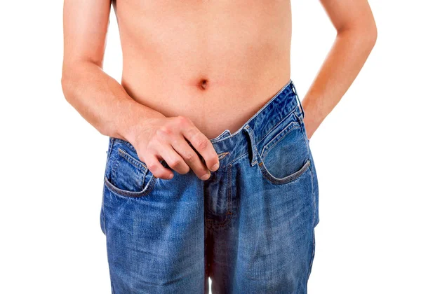 Magere Jonge Man Verliezen Het Gewicht Witte Achtergrond — Stockfoto