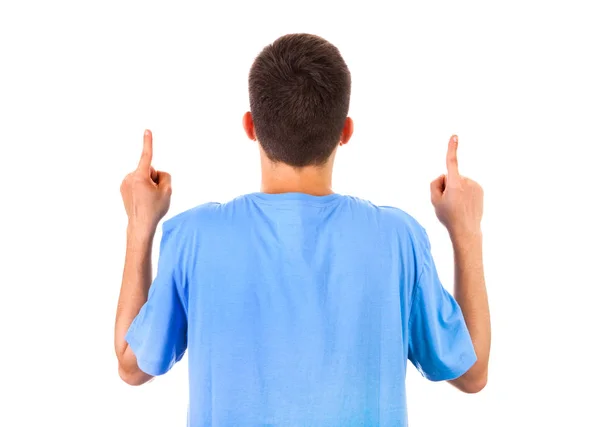 Rückansicht Des Mannes Mit Erhobenen Fingern Isoliert Auf Weißem Hintergrund — Stockfoto