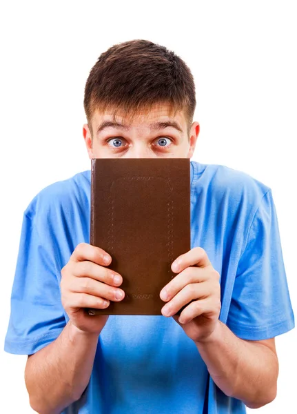 Scared Young Man Book Isolated White Background — Stock Photo, Image