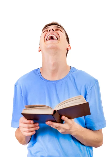 Szczęśliwy Młody Człowiek Książką Śmiejąc Się Białym Tle — Zdjęcie stockowe