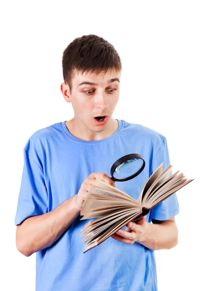 Surprised Young Man Book Magnifying Glass White Background — Stock Photo, Image