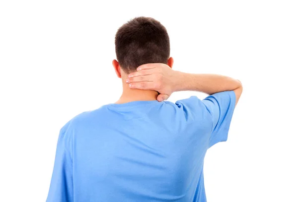 Young Man feels Neckache Isolated on the White Background — Stock Image Young Man Feels Neckache Isolated White Background Stock Photo
