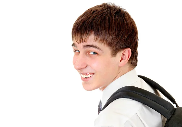 Retrato Hombre Joven Con Mochila Sobre Fondo Blanco —  Fotos de Stock