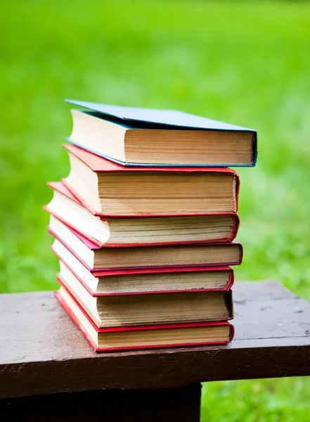 Pile Old Books Bench Closeup — Stock Photo, Image