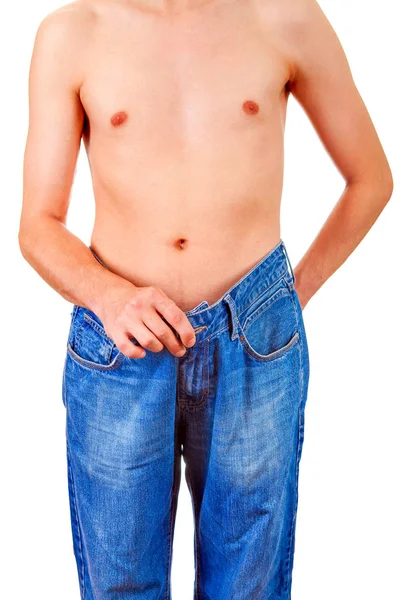 Magerer Junger Mann Verliert Gewicht Auf Weißem Hintergrund — Stockfoto