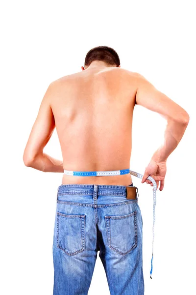 一个人的后视图测量他的腰部在白色背景 — 图库照片