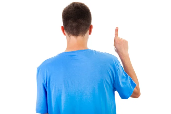 Bakifrån Mannen Med Finger Upp Isolerat Den Vita Bakgrunden — Stockfoto