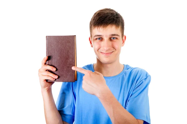 Молодой Человек Показывает Книгу Изолированную Белом Фоне — стоковое фото