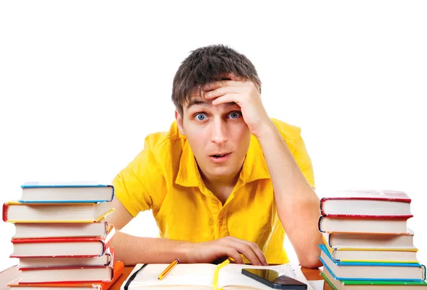 Verbaasd Student Met Een Boeken Geïsoleerd Witte Achtergrond — Stockfoto