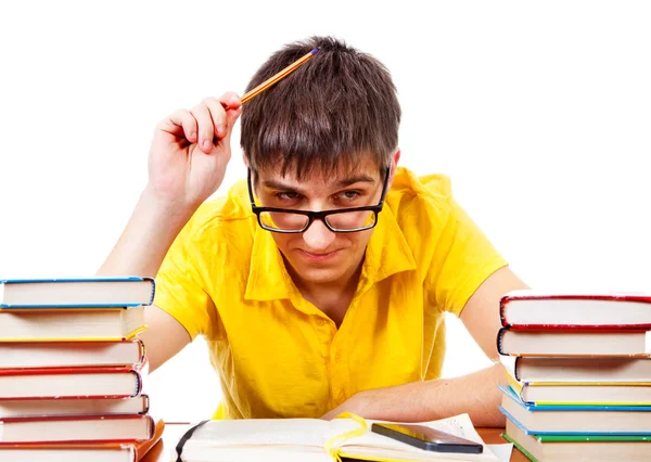 Student Denken Aan Tafel Aan Schrijven Witte Achtergrond — Stockfoto