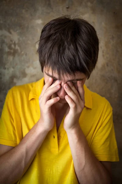 Sad Young Man Old Wall — Stock Photo, Image