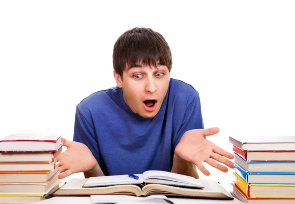 Estudante Confuso Com Livros Isolados Fundo Branco — Fotografia de Stock