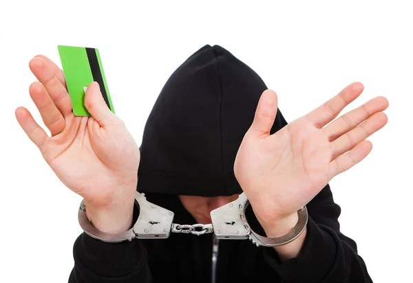 Person Handschellen Mit Einer Bankkarte Auf Weißem Hintergrund — Stockfoto