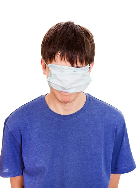 Junger Mann Versteckt Sein Gesicht Mit Grippe Maske Isoliert Auf — Stockfoto
