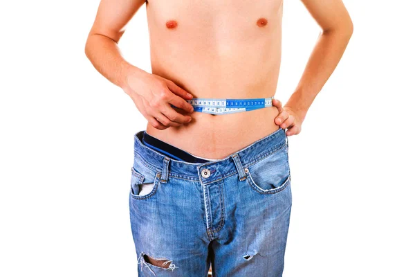 Dünner Mann Misst Seine Taille Auf Weißem Hintergrund — Stockfoto