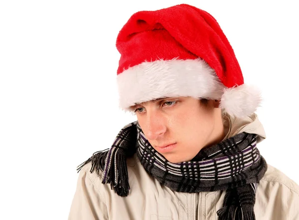 Triste Jeune Homme Portrait Santa Hat Sur Fond Blanc Gros — Photo
