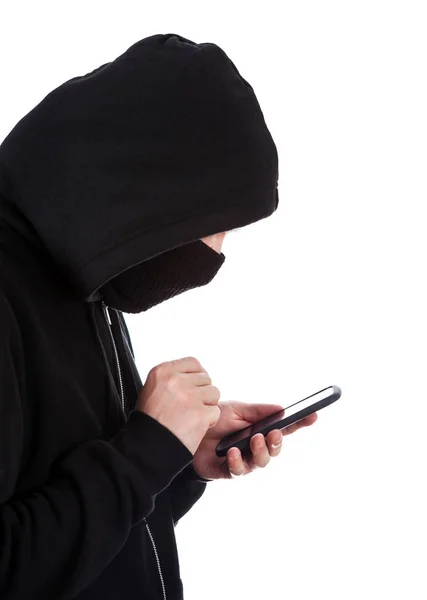 Hacker Met Een Telefoon Geïsoleerd Witte Achtergrond — Stockfoto