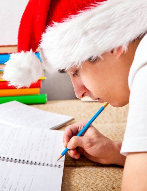 Noel Baba şapkası kanepede ödev öğrenci