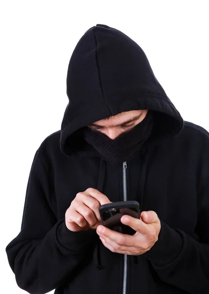 Hacker Con Telefono Isolato Sullo Sfondo Bianco — Foto Stock