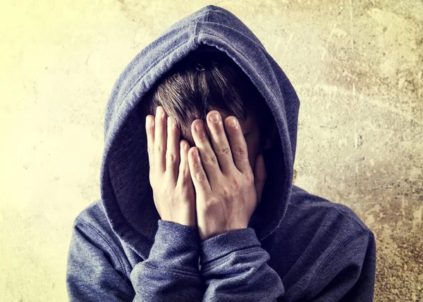 Toned Photo Sad Young Man Hoodie Old Wall — Stock Photo, Image