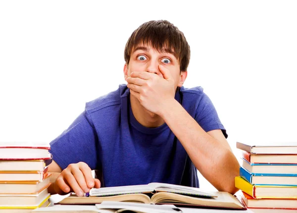 Shocked Student Close Mouth School Desk Isolated White — Stock Photo, Image