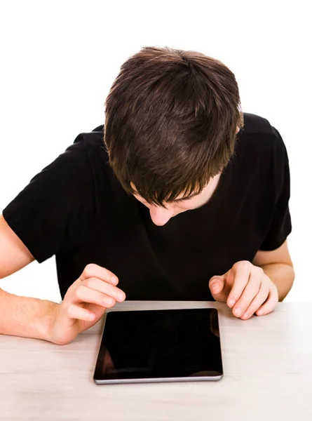 Young Man Tablet Computer Isolated White Background — Stock Photo, Image