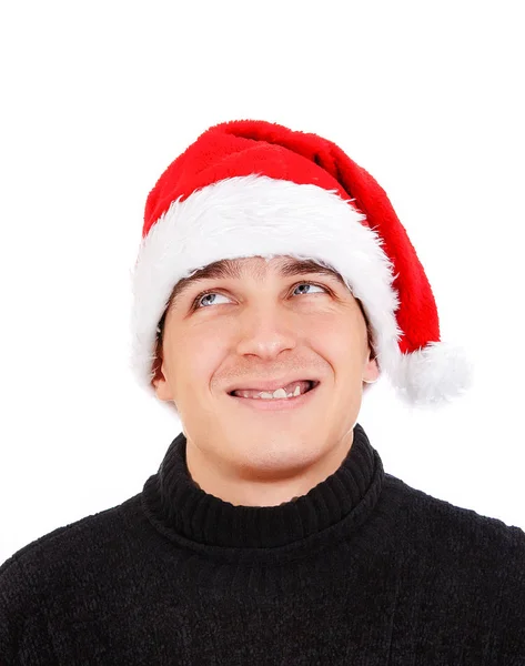 Jovem Feliz Santa Chapéu Está Pensando Isolado Fundo Branco — Fotografia de Stock