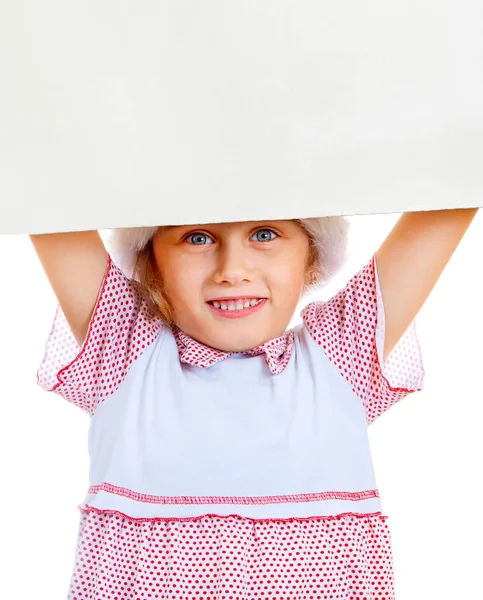 Menina Feliz Com Placa Branco Fundo Branco — Fotografia de Stock