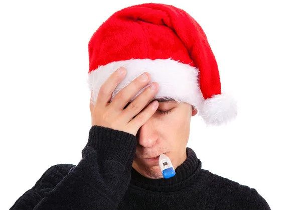 Young Man Santa Hat Thermometer White Background — Stock Photo, Image