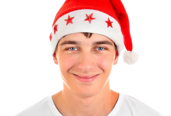 Portrait Handsome Young Man Santa Hat Isolated White Background Closeup — Stock Photo, Image