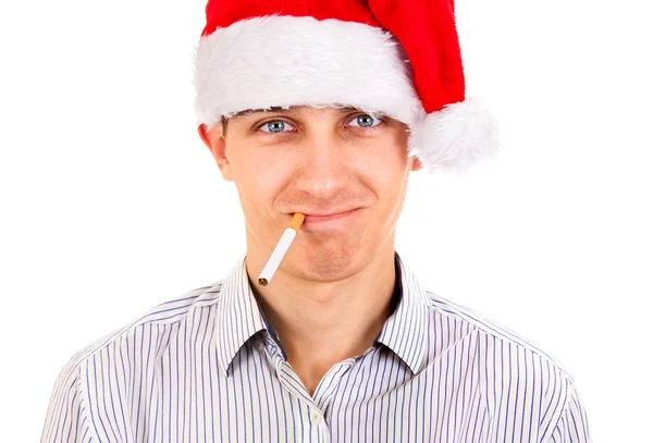 Young Man Santa Hat Cigarette Isolated White Background Closeup — Stock Photo, Image