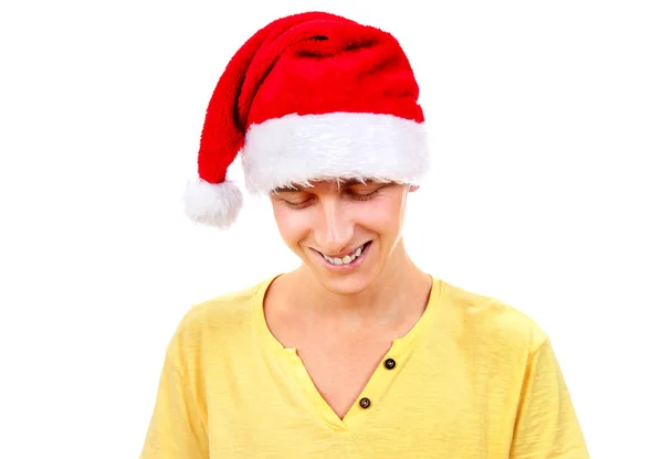 Joyeux Jeune Homme Santa Hat Regardant Vers Bas Sur Fond — Photo