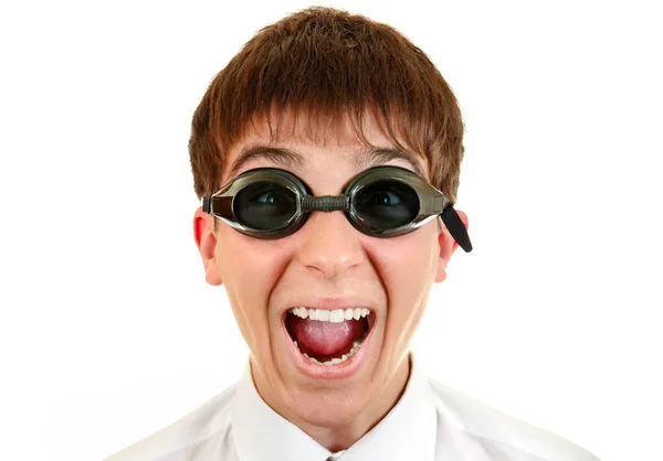 Happy Teenager Plavecké Brýle Bílém Pozadí Closeup — Stock fotografie