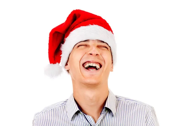 Χαρούμενος Νεαρός Άνδρας Στο Καπέλο Santa Γελώντας Απομονώνονται Λευκό Φόντο — Φωτογραφία Αρχείου
