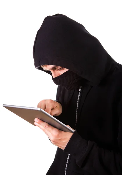 Hacker Met Een Tabletcomputer Witte Achtergrond — Stockfoto