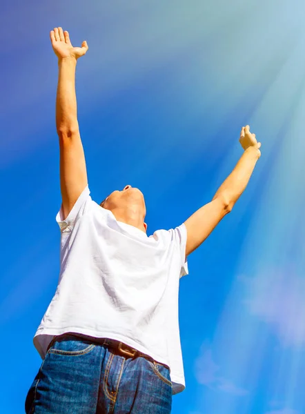 Young Man Hands Blue Sky Background — Stock Photo, Image