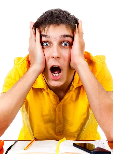 Shocked Student Books White Background — Stock Photo, Image