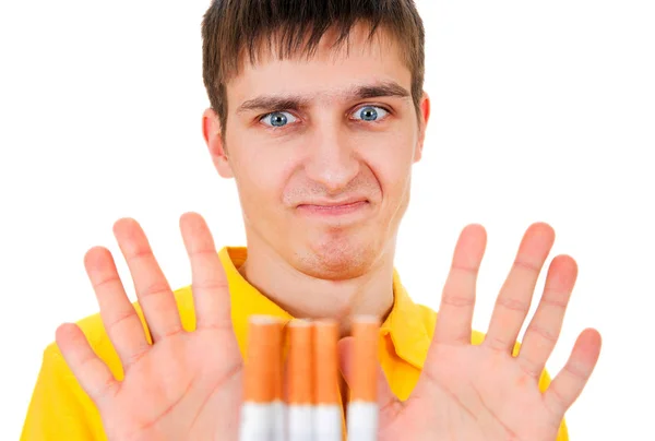 Young Man Weigeren Geïsoleerde Sigaretten Witte Achtergrond — Stockfoto