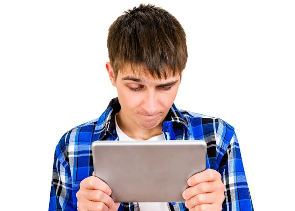 Sad Young Man Tablet Computer White Background Closeup — Stock Photo, Image