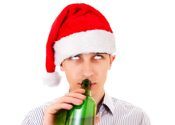 Jonge Man Kerstmuts Met Een Beer Witte Achtergrond — Stockfoto