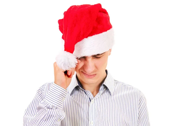 Joven Triste Santa Sombrero Aislado Fondo Blanco —  Fotos de Stock